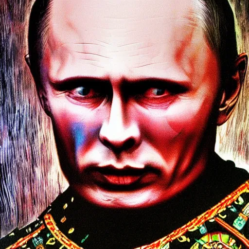 Image similar to stupid idiot degraded retard vlad putin photo - realistic, color image, hyper realistic, 2 k, highly detailed, occult art, by giger, fractal structure