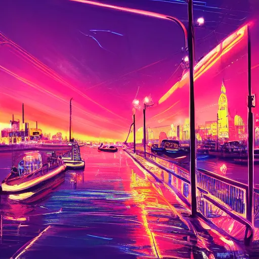 Prompt: the city lights were bright pink and orange and shone overhead. the harbour looked beautiful the sun reflecting off of the water and the neon lights of the city gave of a warm feeling, trending on artstation