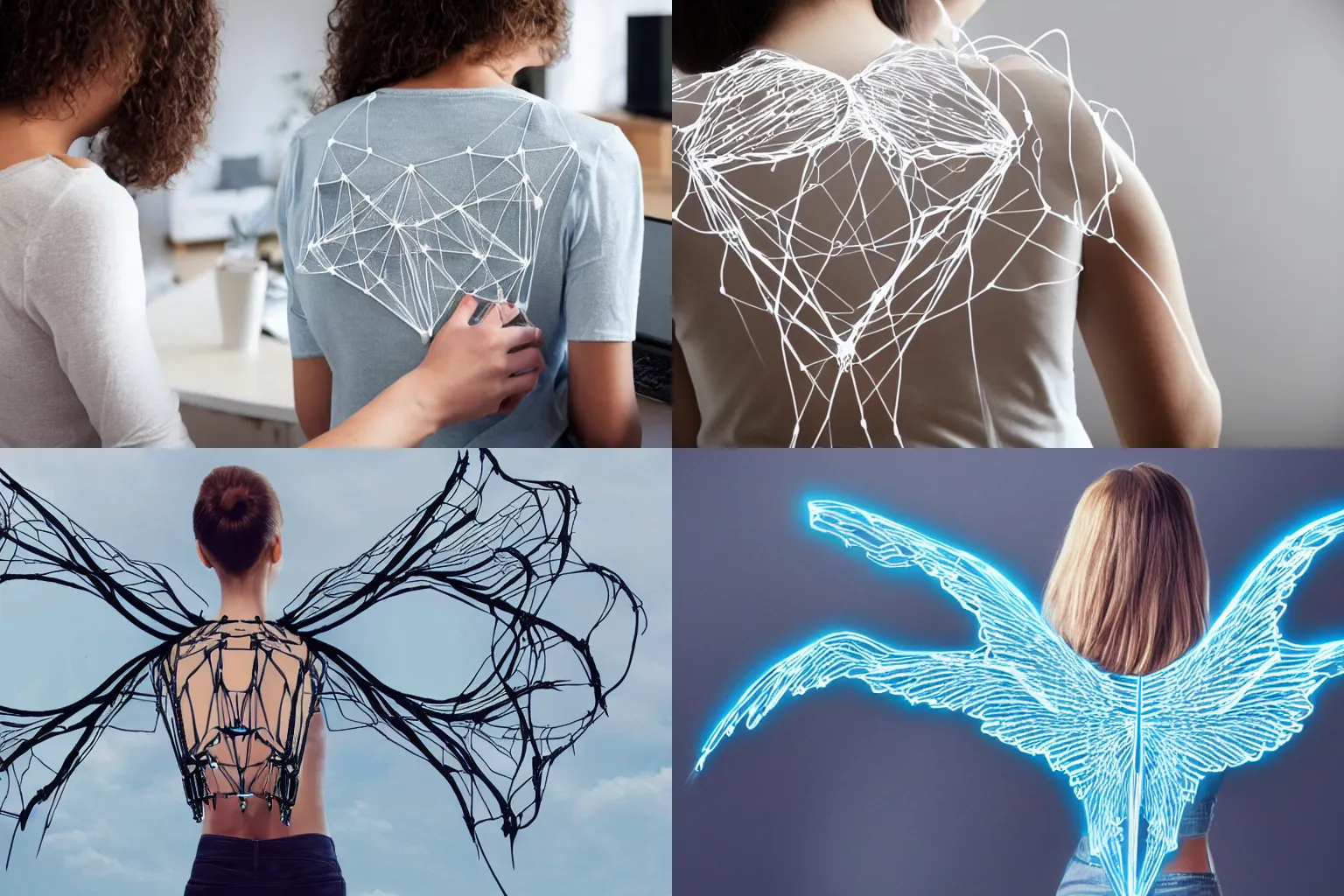 Prompt: woman with network cables in the shape of wings on her back