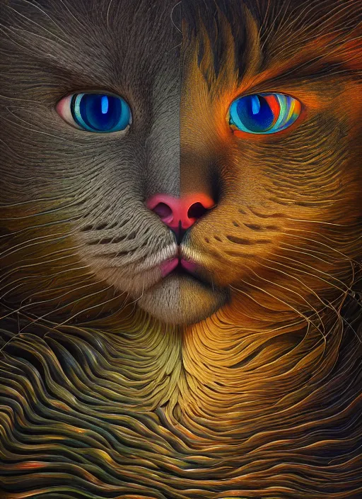 Image similar to hyper detailed 3d render like an Oil painting - A cat bear chimera by Jacek Yerka, Mariusz Lewandowski, Houdini algorithmic generative render, Abstract brush strokes, Masterpiece, Edward Hopper and James Gilleard, Zdzislaw Beksinski, Mark Ryden, Wolfgang Lettl, hints of Yayoi Kasuma, octane render, 8k