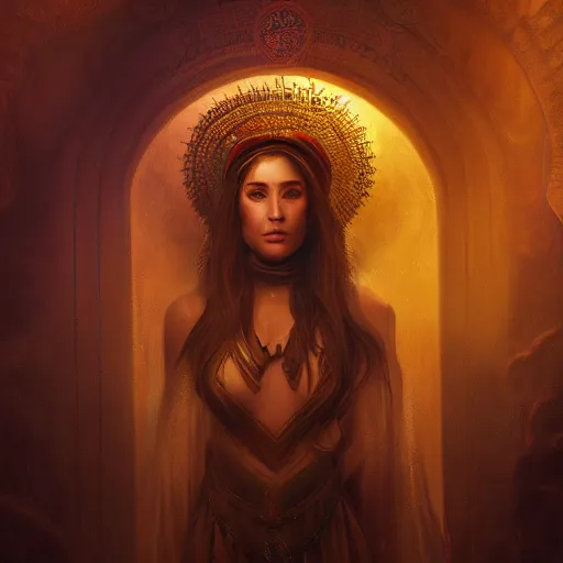 Image similar to Gracious Isis priestess portrait, atmospheric lighting, painted, intricate, volumetric lighting, beautiful, rich deep colors masterpiece, golden hour, sharp focus, ultra detailed, by Leesha Hannigan, Ross Tran, Thierry Doizon, Kai Carpenter,Ignacio Fernández Ríos