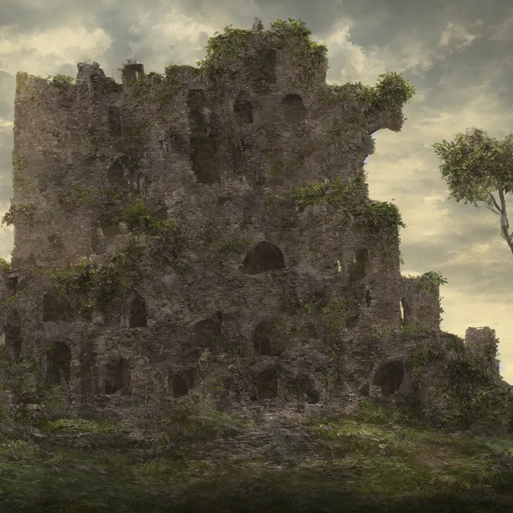 Image similar to looking up at a ruined castle on a small island only reachable by a small land bridge, 8 k, ultra realistic cinematic, intricate, cinematic light, concept art, illustration, art station