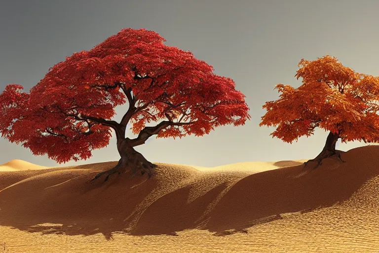 Image similar to an autumn maple bonsai grows on a desolate sand dune in front of a primordial mountainous landscape by hr giger and jessica rossier