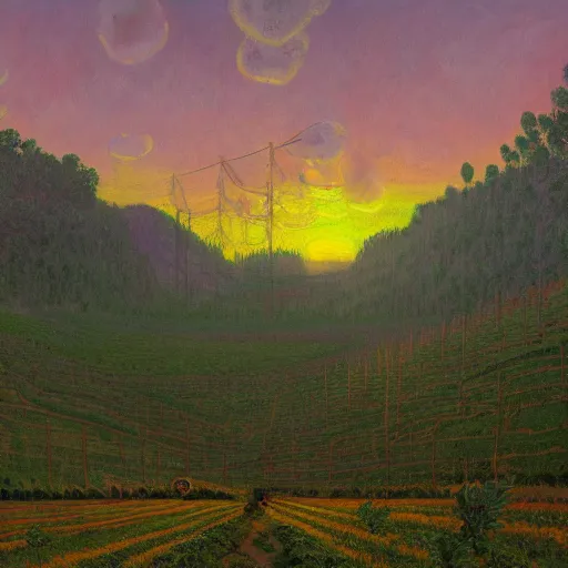 Image similar to enormous cannabis plantation in a valley, sunset in background, surreal, by simon stalenhag and claude monet, oil on canvas