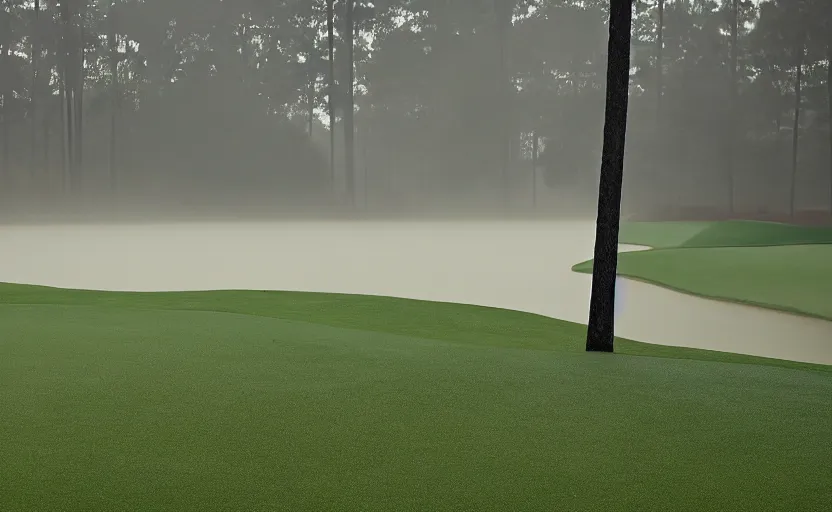 Prompt: augusta national, the masters, nr. 1 2, completely flooded with brown water, beautiful ambient light, fog,