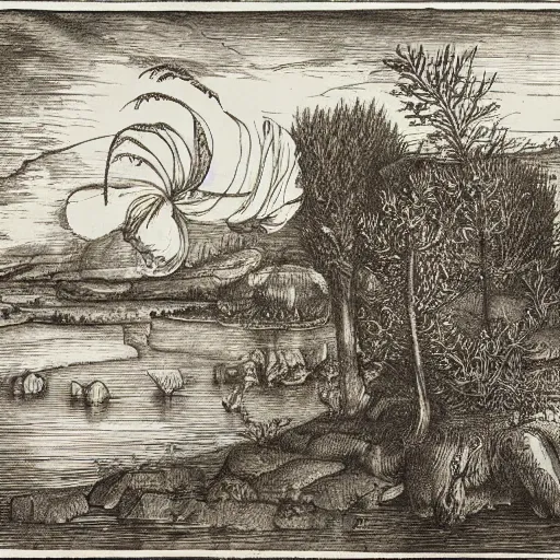 Prompt: albrecht durer engraving of a new england marsh