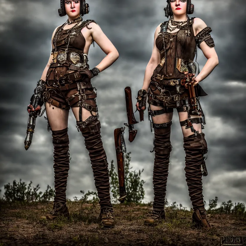 Image similar to full length photo of a very beautiful female dieselpunk warrior with weapons, 8 k, hdr, smooth, sharp focus, high resolution, award - winning photo