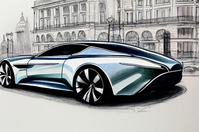 Image similar to copic marker pen drawing of an aston martin concept car, in a london business district street, medium range, sharp, very detailed, high resolution, trending on artstation