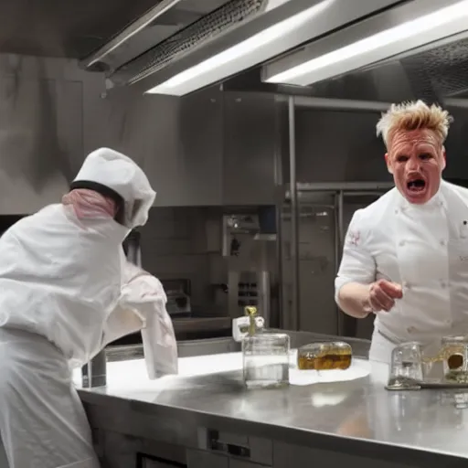 Image similar to Gordon Ramsay screams at Heisenberg in a meth lab, 4k image