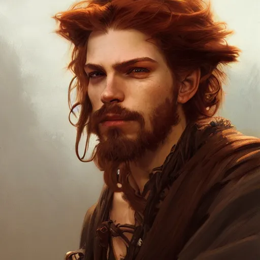 Image similar to portrait of a young rugged pirate, male, masculine, upper body, red hair, long hair, D&D, fantasy, intricate, elegant, highly detailed, digital painting, artstation, concept art, matte, sharp focus, illustration, art by Artgerm and Greg Rutkowski and Alphonse Mucha