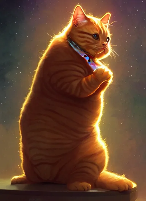 Image similar to a fat ginger cat holding a lightsaber, star wars outfit, beautiful glowing lights, sci - fi, stunning, intricate, elegant. highly detailed, digital painting. artstation. smooth. sharp focus. illustration. art by artgerm and greg rutkowski and alphonse mucha