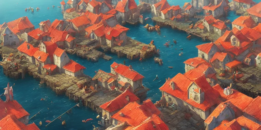 Image similar to Cozy small fantasy village on a cape, red roofs, fishing boats, view from above. In style of Greg Rutkowski, Jesper Ejsing, Makoto Shinkai, trending on ArtStation, fantasy, great composition, concept art, highly detailed, scenery, 8K, Behance.