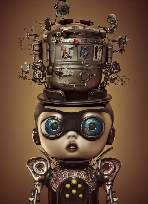 Image similar to closeup portrait of tin toy robot bunny trap, depth of field, zeiss lens, detailed, symmetrical, centered, fashion photoshoot, by nicoletta ceccoli, mark ryden, lostfish, breathtaking, 8 k resolution, extremely detailed, beautiful, establishing shot, artistic, hyperrealistic, octane render
