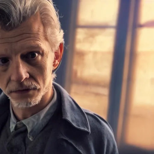 Image similar to tom holland as a rough dirty old man with a scruffy beard in a dark blue trenchcoat as the new doctor who, cinematic, volumetric lighting, f 8 aperture, cinematic eastman 5 3 8 4 film, photorealistic