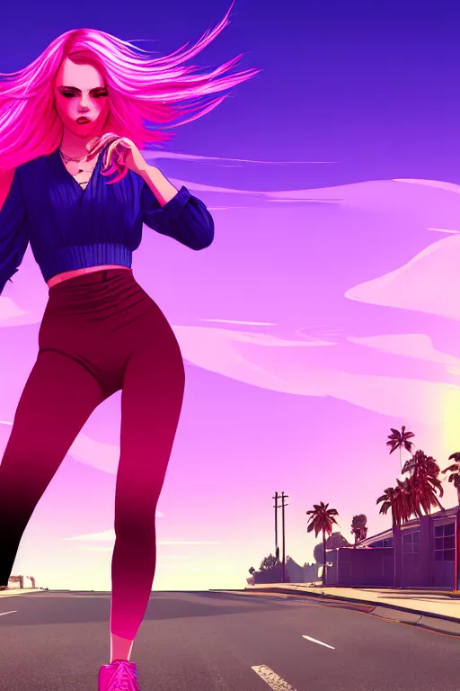 Prompt: a stunning GTA V loading screen with a beautiful dancing woman with ombre purple pink hairstyle, hair blowing in the wind, sunset mood, outrun, vaporware, retro, digital art, trending on artstation