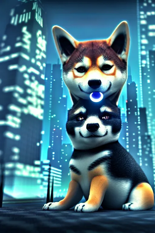 Image similar to high quality 3 d render very cute cyborg shiba inu plays drums!, cyberpunk highly detailed, unreal engine cinematic smooth, in the style of blade runner & pixar, hannah yata charlie immer, moody light, low angle, uhd 8 k, sharp focus