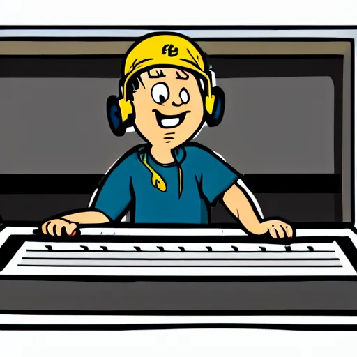 Image similar to cartoon illustration of a kid on a music studio mixing console in the style of The Beano