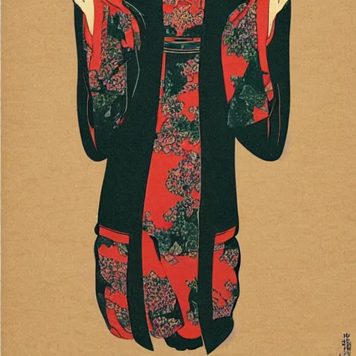 Image similar to cate blanchett in the style of japanese wood print