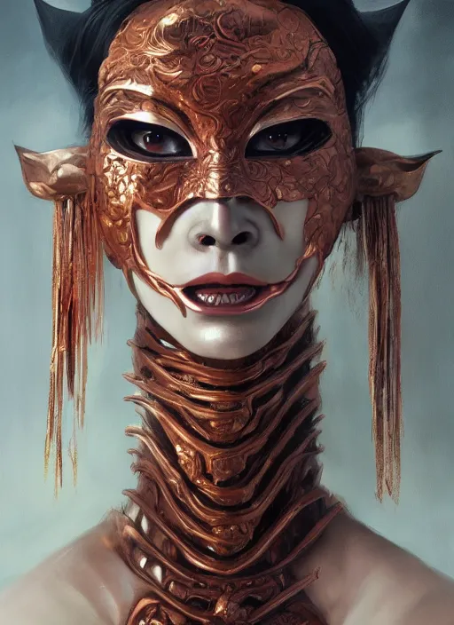 Image similar to a beautiful detailed oil on copper art illustration of a japanese shityome mask devil woman, the mask is broken, centered, by charlie bowater, zeng fanzh, trending on artstation, dim dusk lighting, cinematic lighting, detailed lighting, volumetric lighting, realistic, f 8, 4 k hd wallpaper