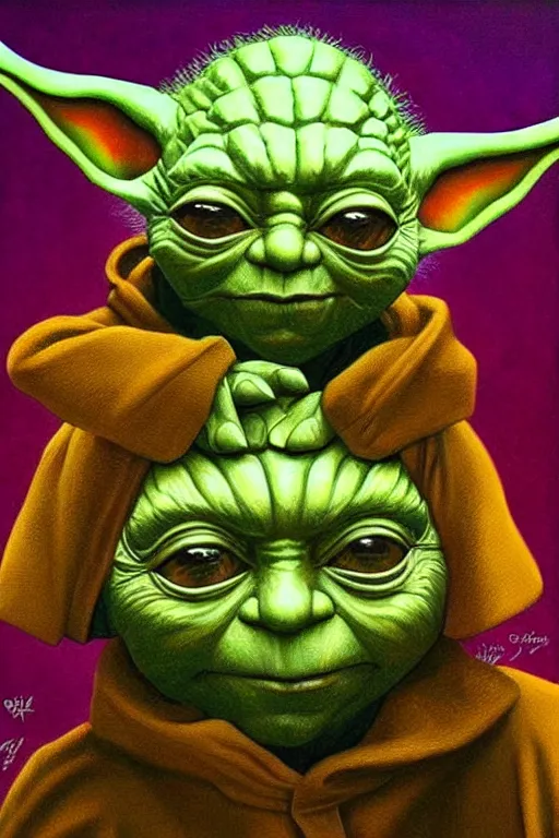 Prompt: realistic detailed beautiful painting of Yoda on a bad drug trip by Greg Hildebrandt, Art Nouveau, rich deep vibrant colors