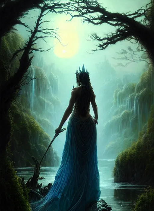 Prompt: fantasy book cover, full moon, fantasy bayou landscape, goddess in a flowing dress in the middle, back view, iridescent elements, fantasy magic, dark light night, intricate, elegant, sharp focus, illustration, highly detailed, digital painting, concept art, matte, art by wlop and artgerm and greg rutkowski and albert bierstadt, masterpiece