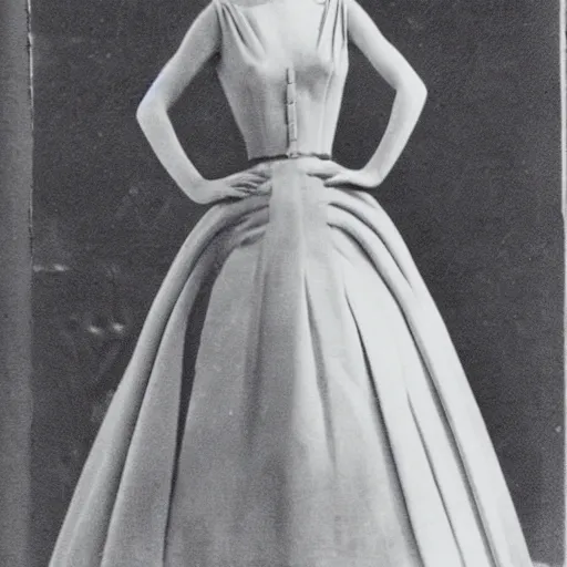 Image similar to Christian Dior dress, fitted on a model, beautiful, 1950s Dior catalogue, fashion photography, B&W, grainy, highly detailed