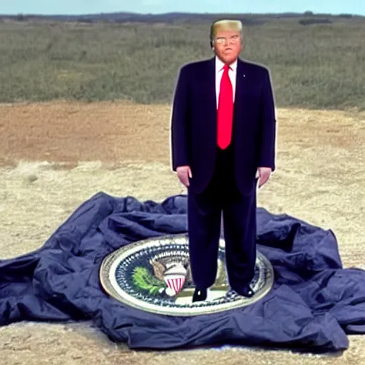 Image similar to photographic evidence of donald trump standing in front of a nuclear bomb hidden under a tarp, 1 0 8 0 p cnn footage