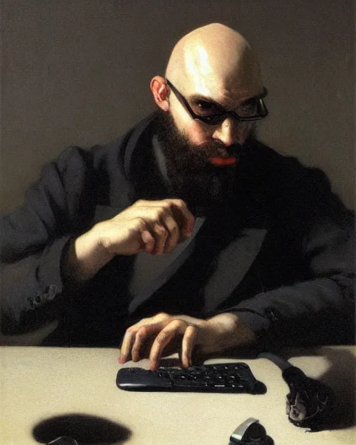 Prompt: a bald moustachioed beardless hacker at the computer. fantasy art by greg rutkowski, gustave courbet, rosa bonheur, edward hopper. faithfully depicted facial expression, perfect anatomy, sharp focus, global illumination, radiant light, detailed and intricate environment, trending on artstation