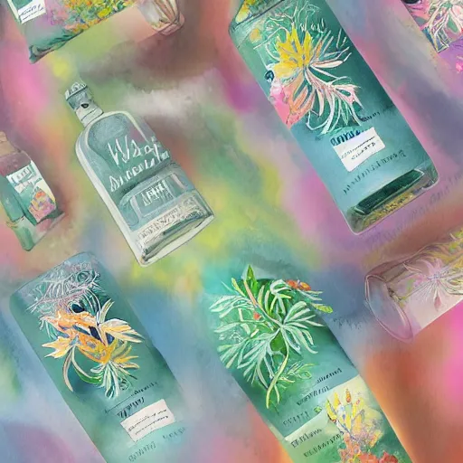 Image similar to water colour botanical designs, illustration, pastel colours, smooth, magical painting, gin packaging design, front label, packaging of the world, behance