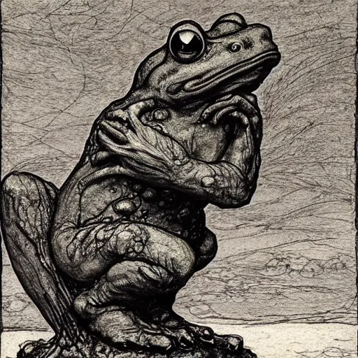Prompt: toad philosopher toad in a pose The Thinker, swamp, by Auguste Rodin, sedge in bog , illustrations by irish fairy tales james stephens arthur rackham, fairy tale illustrations, top cinematic lighting , cinematic mood, very detailed, shot in canon,