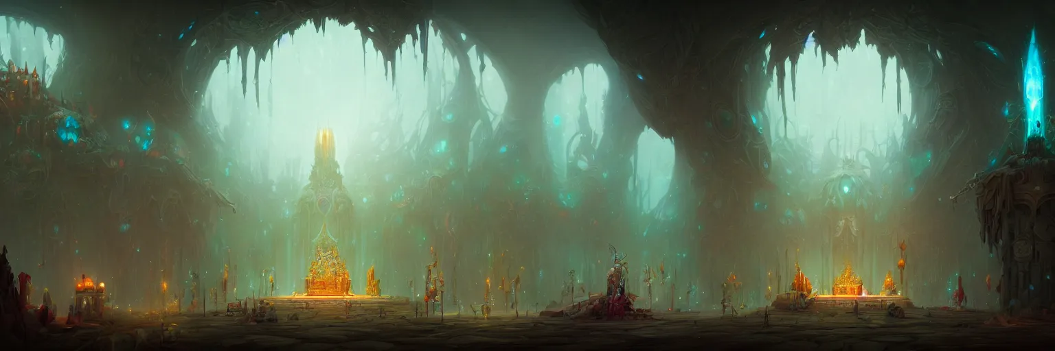 Image similar to Throne Room of the Shaman Owl King, cinematic concept art, matte painting, trending on Artstation, wide angle shot, by Peter Mohrbacher