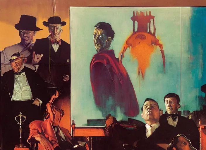 Image similar to a still from the movie godfather by of francis bacon and norman rockwell and james jean, a still from the movie thor : ragnarok, mark brooks, triadic color scheme, by greg rutkowski, syd mead and edward hopper and norman rockwell and beksinski, dark surrealism, orange and turquoise ans purple