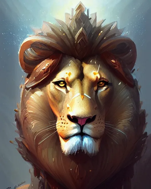 Prompt: handsome wise lion god portrait, fantasy, intricate, elegant, highly detailed, digital painting, artstation, concept art, smooth, sharp focus, illustration, art by afshar petros and krenz cushart and artem demura and tony sandoval