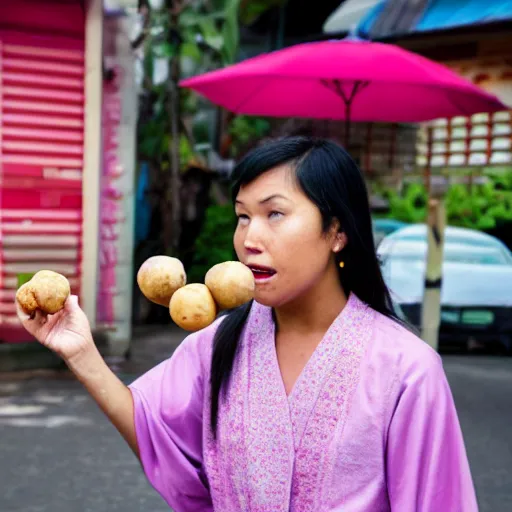 Prompt: Murasaki Shikibu standing on a Filipino sidewalk eating fishballs