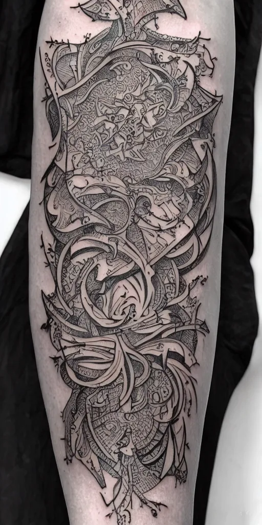 Prompt: a tattoo of a spiritual fractal by bang bang, highly detailed, intricate, line work