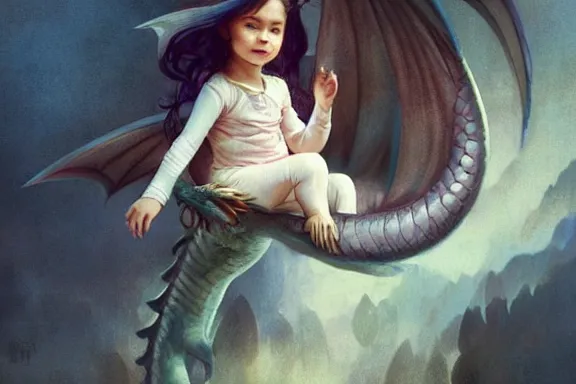 Image similar to little girl in pajamas riding a dragon, realistic portrait, highly detailed, digital painting, artstation, concept art, smooth, sharp focus, illustration, cinematic lighting, art by artgerm and greg rutkowski and alphonse mucha