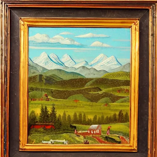 Prompt: beautiful landscape in a Folkart painting