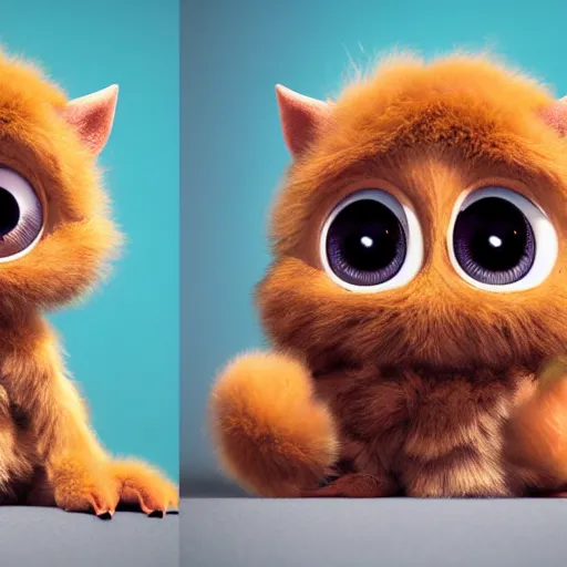 Image similar to cute little furry baby monster in the style of Pixar, product photography, centered