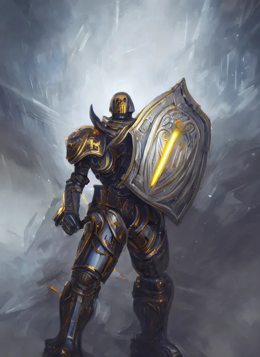 Image similar to dynamic attack position abstract portrait of a intricate glorious holy mechanical warforged character in yellow armor holding a paladin engraved great longsword drawn and carrying a big paladin shield, PAR can lighting , face in focus, epic , trending on ArtStation, masterpiece, cinematic lighting, by Ross Tran and by Greg Rutkowski