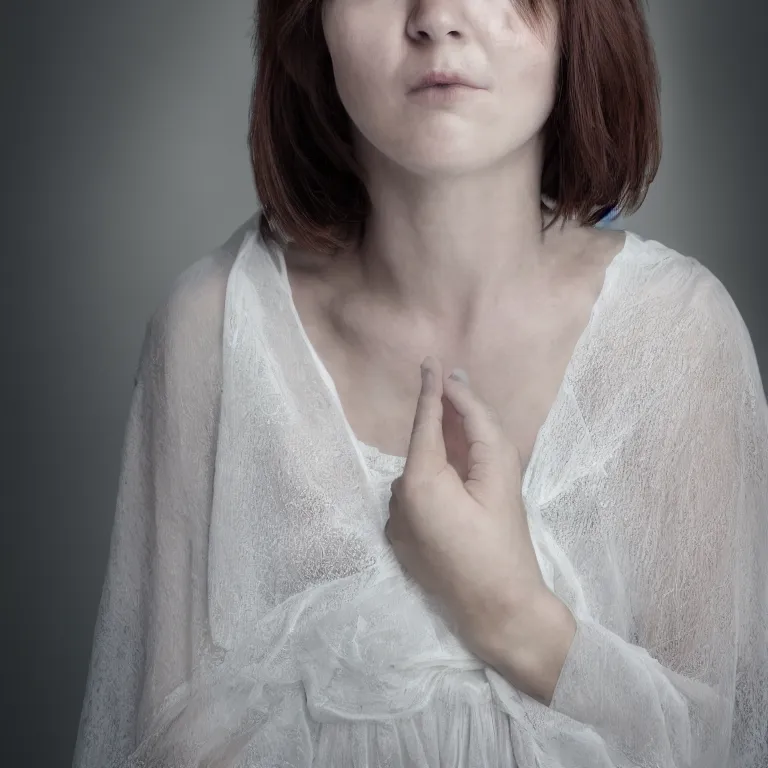 Image similar to hight focus f - 2 2, 8 5 mm, iso 1 0 0 : a wonderful realistic focused sweet face mid portrait of a lonely woman with a detailed wonderful symmetrical face who is dressed with a wonderful, majestic, large semi transparent white cotton dress, dramatic light, octane render - 8 k