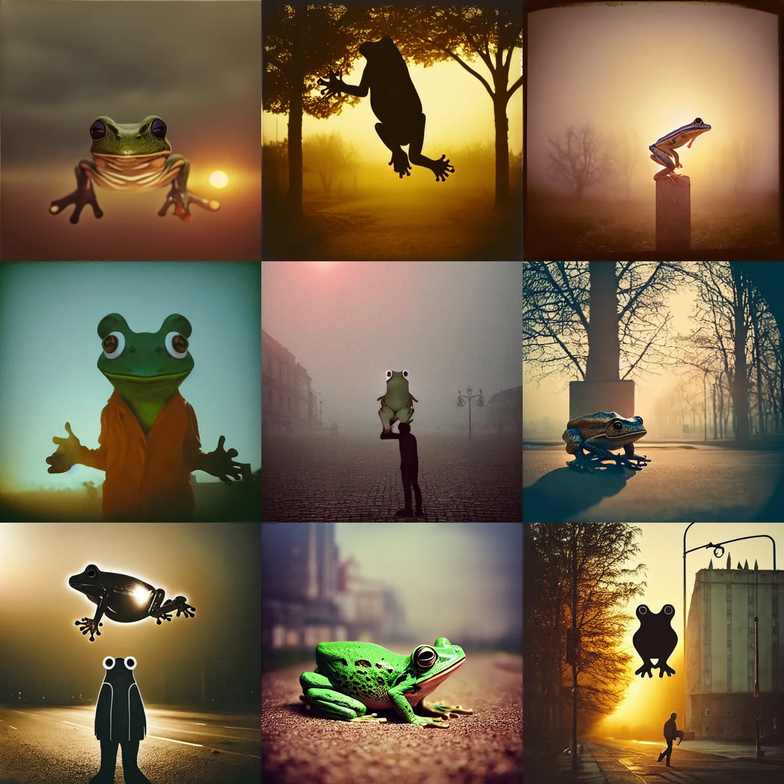 Prompt: animal frog. oversized, in legnica, full body, cinematic focus, polaroid photo, vintage, backlighting sunset, foggy, by oleg oprisco, by thomas peschak, by discovery channel, by victor enrich, by gregory crewdson