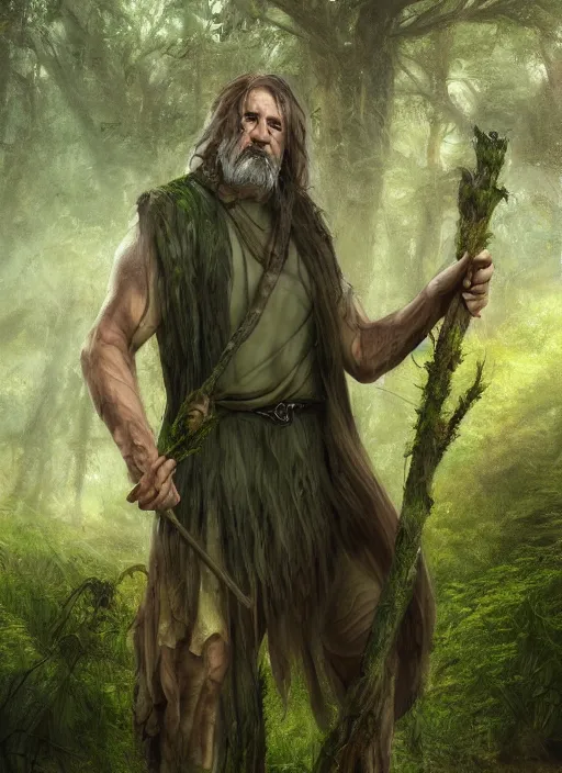 Image similar to a relaxed male middle aged druid in a sleeveless west, short brown hair, stringy, wielding a long staff which is covered in moss, full body, 8 k, hyperrealistic, hyperdetailed, fantasy portrait by laura sava