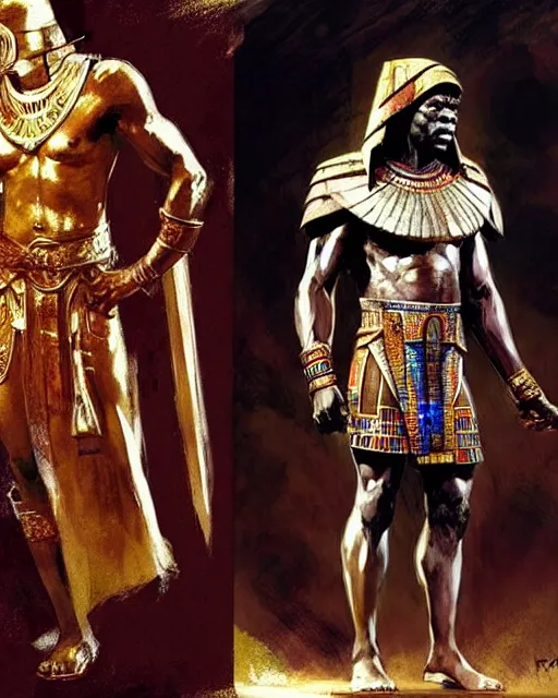 Prompt: concept art by anders zorn and craig mullins depicting djimon hounsou as a tall and very lean temple guard dressed in ancient egyptian decorative armor and flowing robes