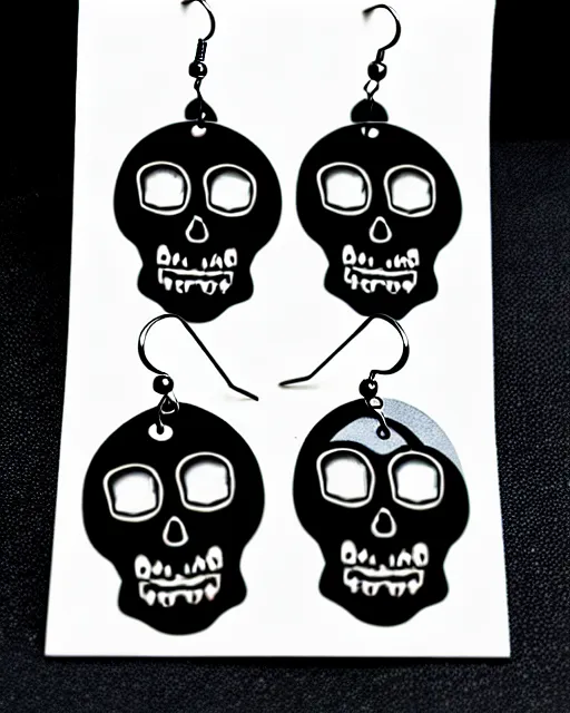 Image similar to spooky cartoon skull, 2 d lasercut earrings, in the style of tim burton