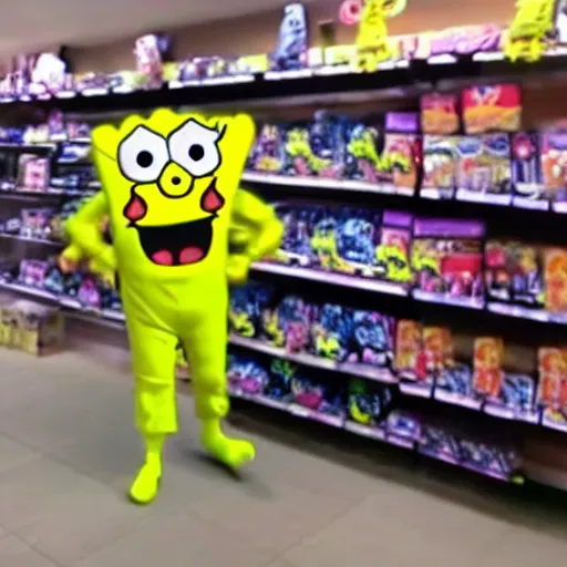 Prompt: cctv footage recorded last night of a man in a spongebob squarepants costume robbing a store