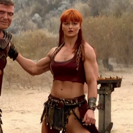 Prompt: still of muscular sophie turner in xena, six packs abs