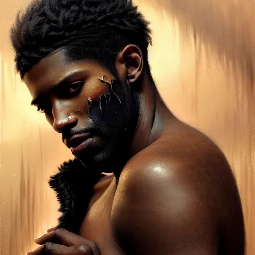 Prompt: portrait painting of a beautiful black man with cut scars and cropped hair wearing a tattered fur coat, ultra realistic, concept art, intricate details, eerie, highly detailed, photorealistic, octane render, 8 k, unreal engine. art by artgerm and greg rutkowski and charlie bowater and magali villeneuve and alphonse mucha