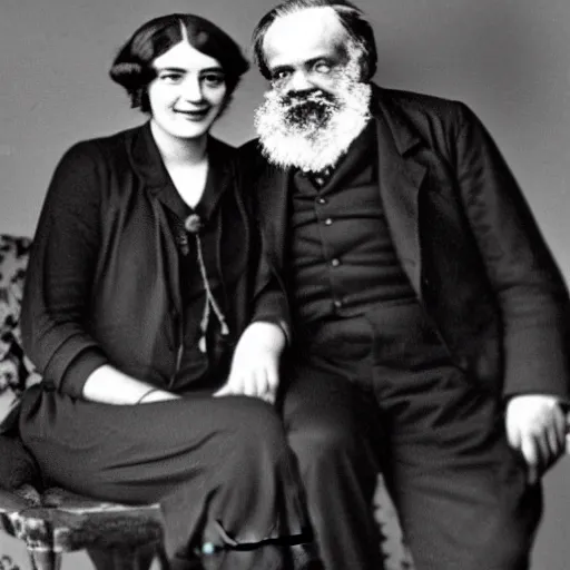 Image similar to Karl Marx and Ayn Rand laughing an hugging, photo, 1920, salon backround