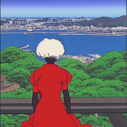 Image similar to a black lady looking out over a city, Miyazaki, studio ghibli