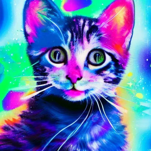 Image similar to Portrait of a realistic magical kitten with an abstract paint splash background